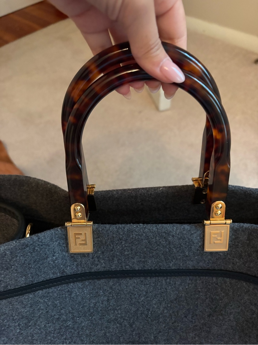 Authentic- Fendi Large Sunshine Shopper Tote Gray Flannel Wool FENDI Logo - Picture 9 of 16